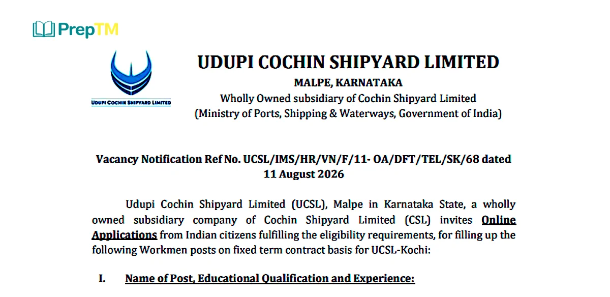 Udupi Cochin Shipyard Recruitment 2026: 10 Workmen Posts, Apply Online by 01 Sep